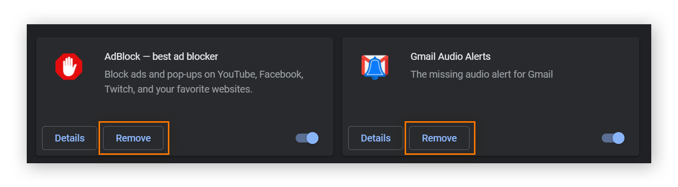 The extensions menu in Google Chrome. Next to each extension, there is a button that says "Remove."